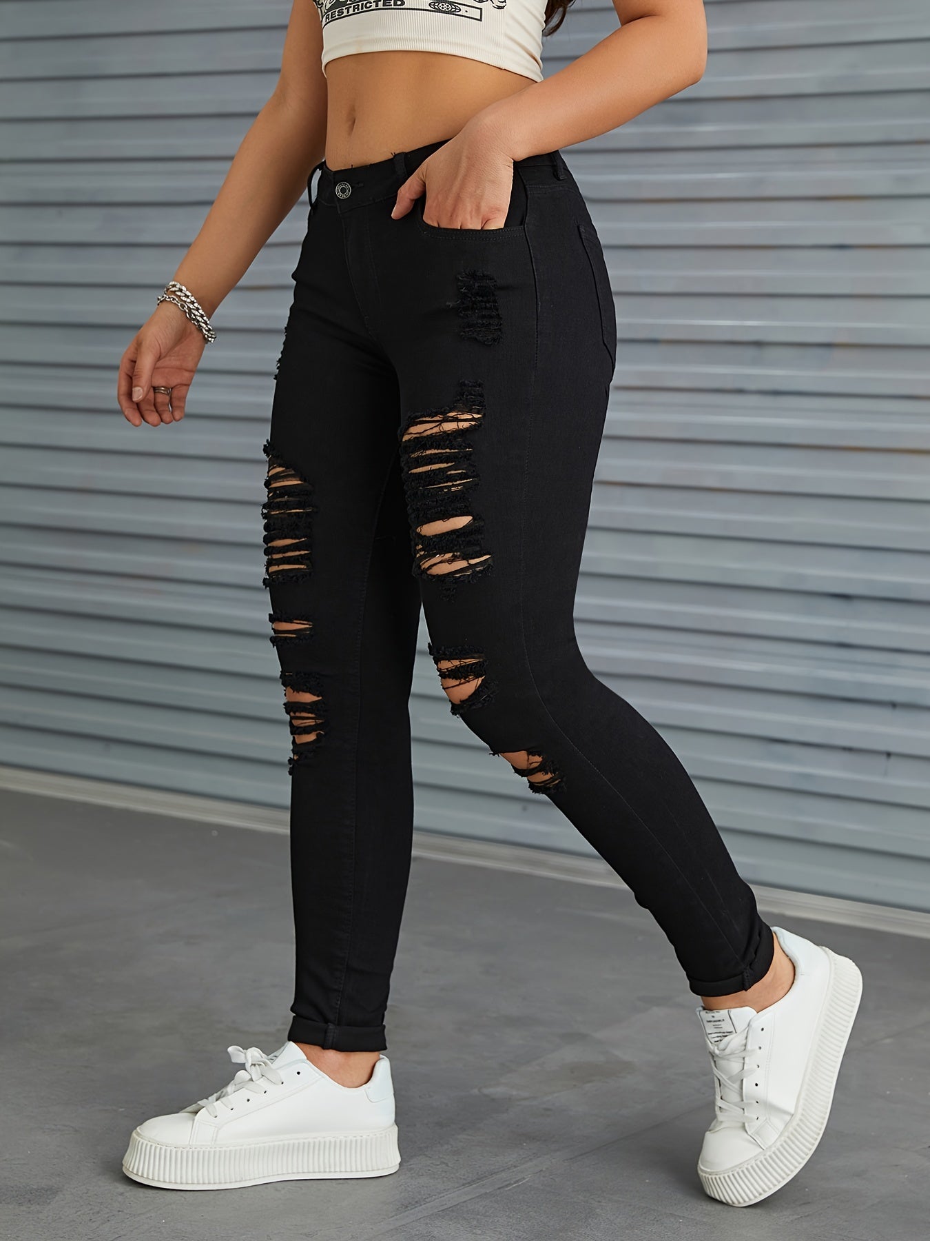 Solid Slim Fit Jeans Vintage Button High Stretch Trousers