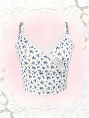 Floral Lace Trim Spaghetti Strap Crop Top V Neck Sleeveless Summer Casual
