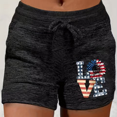 Independence Casual Shorts Women's Plus Flag & Letter Print
