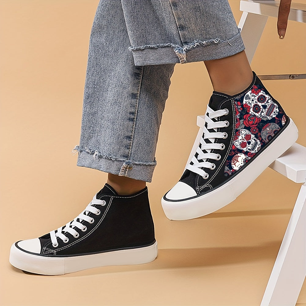 Skull & Flower Print Canvas High Top Sneakers