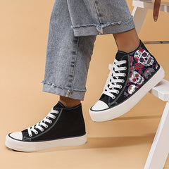 Skull & Flower Print Canvas High Top Sneakers