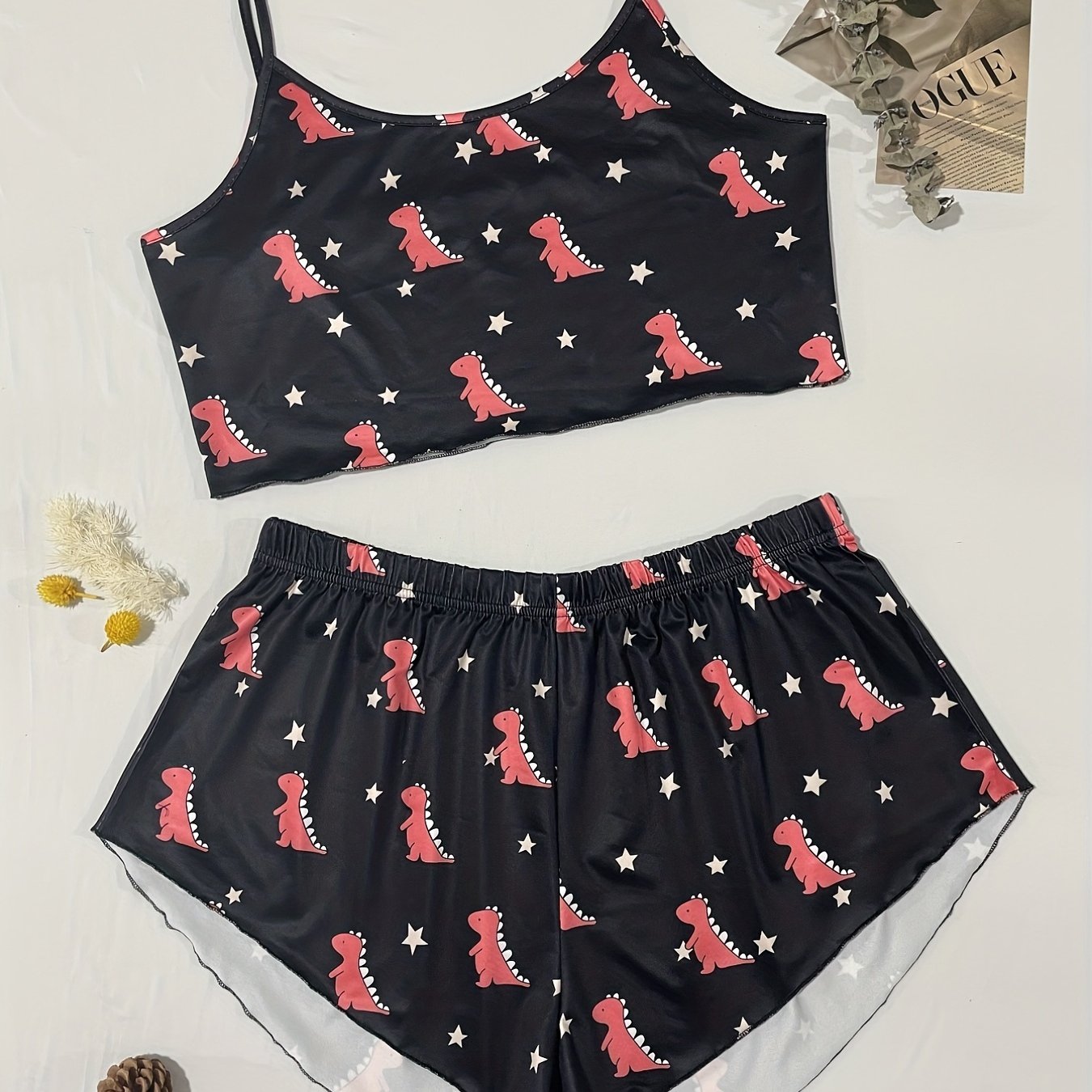 Dinosaur & Star Print Crop Cami Top & Shorts Pajama Set