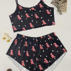 Dinosaur & Star Print Crop Cami Top & Shorts Pajama Set
