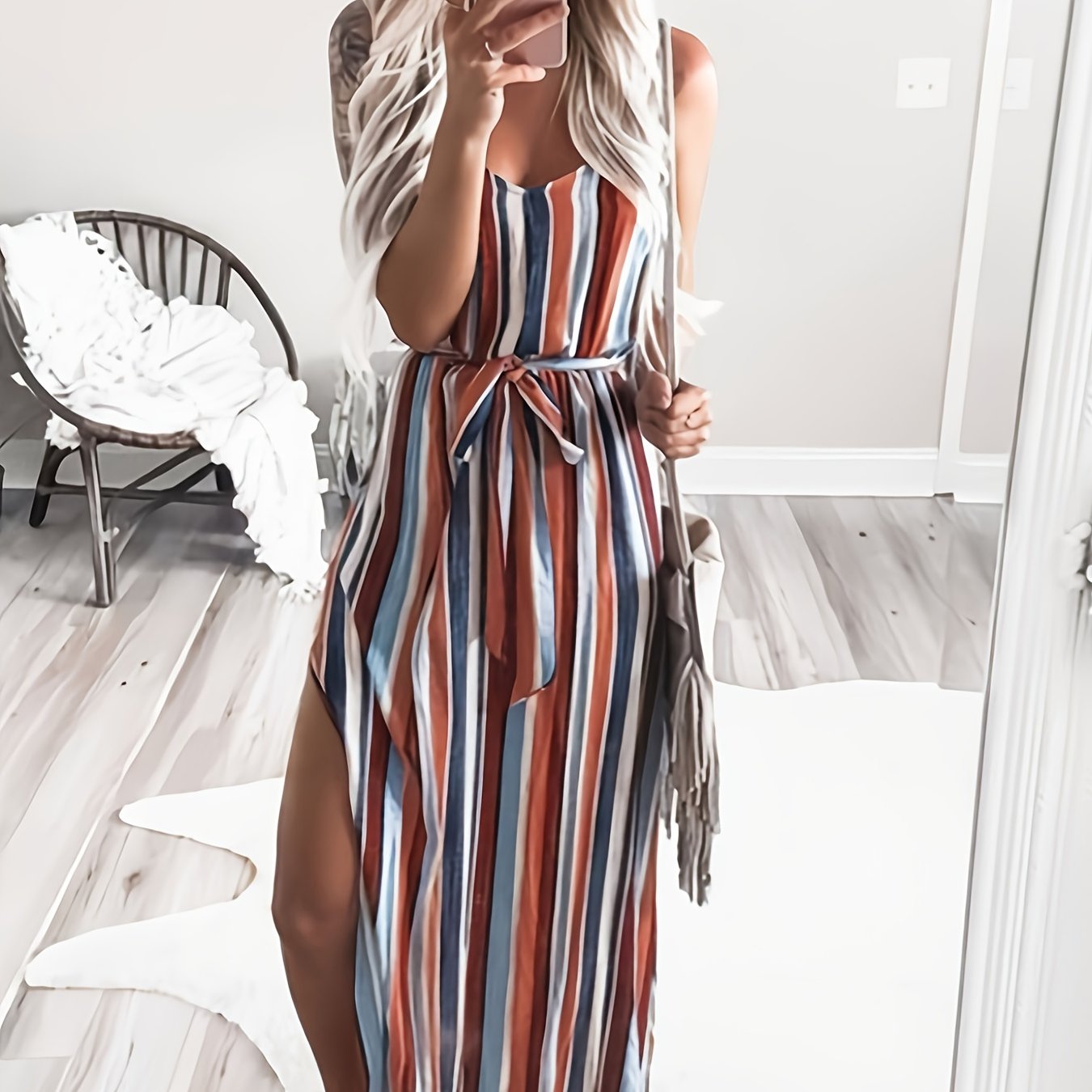 Striped Side Split Cami Dress Casual V neck Belted Spaghetti Dress