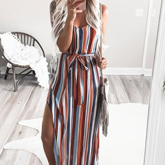 Striped Side Split Cami Dress Casual V neck Belted Spaghetti Dress