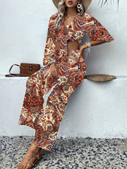 Cashew Floral Print 2pc Set Knot Front Crop Top & Wide Leg Pants