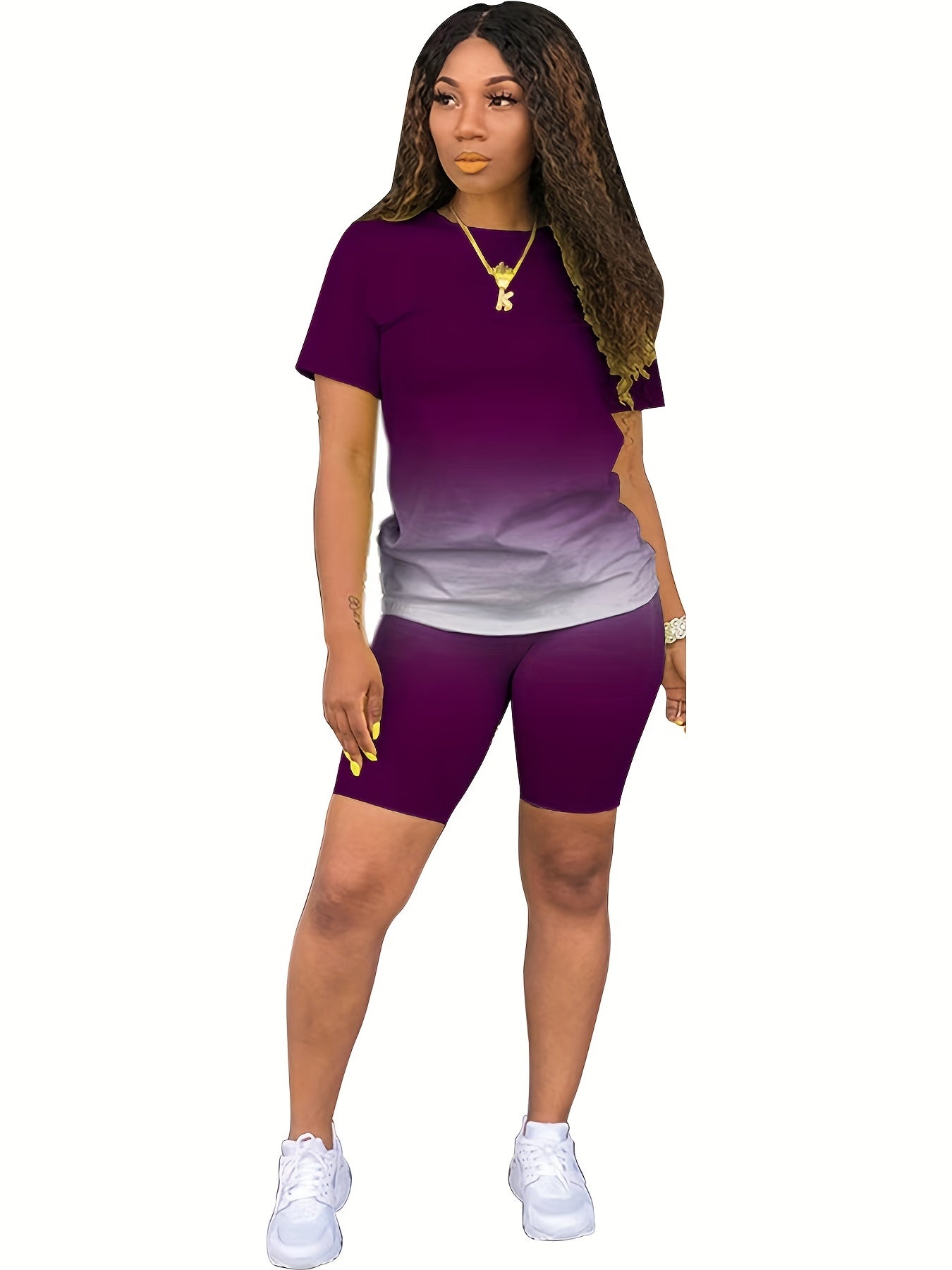 Casual Gradient Two-piece Set Crew Neck Short Sleeve T Shirt & Elastic Waist Sho