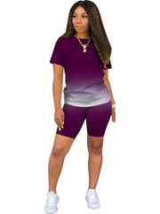 Casual Gradient Two-piece Set Crew Neck Short Sleeve T Shirt & Elastic Waist Sho