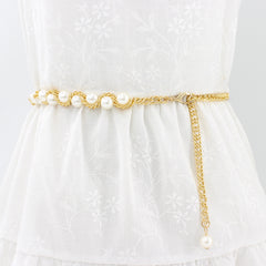 Women's Faux Pearl Thin Belt Decorative Dress Skirt Sweet Metal Belt