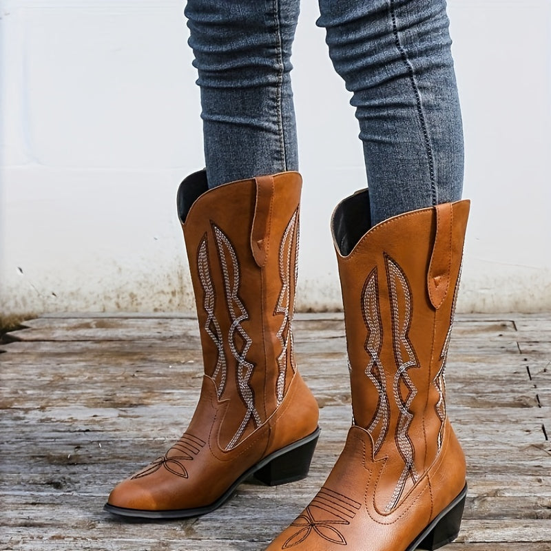 Women's Ethnic Style Embroidery Mid Calf Boots Chunky Heel Slip On Shoes