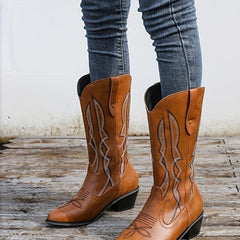 Women's Ethnic Style Embroidery Mid Calf Boots Chunky Heel Slip On Shoes