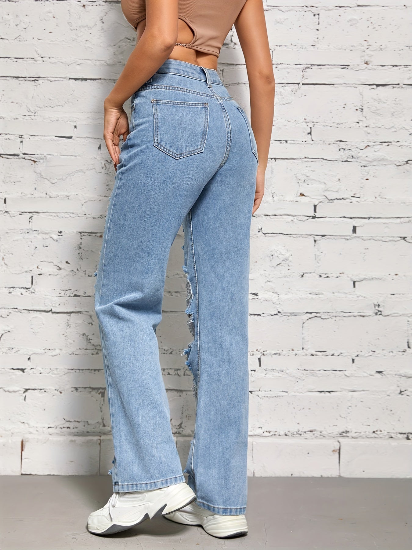 Street Style Distressed Jeans Ripped Holes Slash Pockets