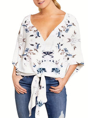 Floral Print Boho Blouse V Neck T-Shirt