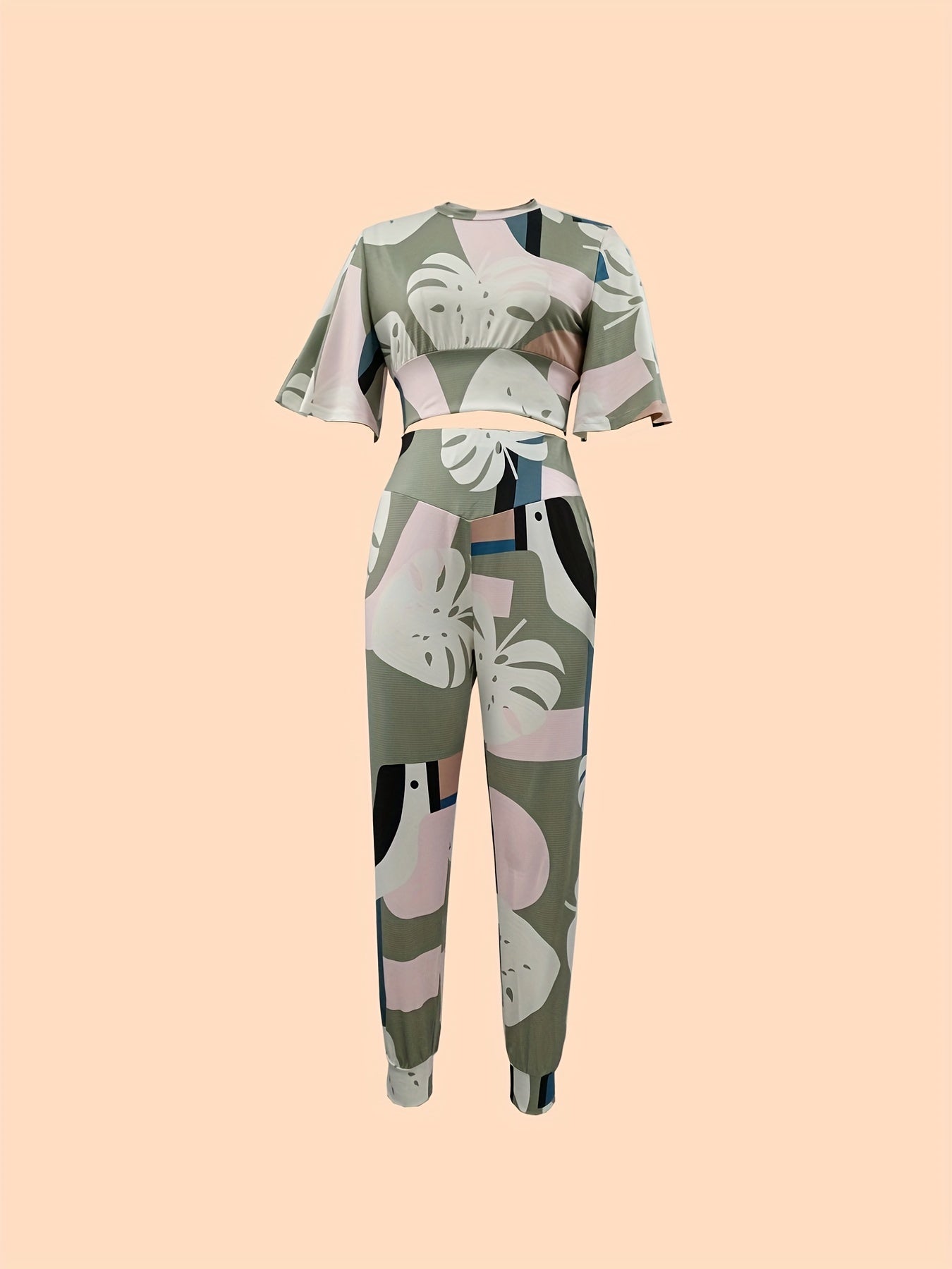 Leaf Print Two Piece Set Crop Top & Pants Outfit