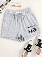 Cat & Letter Print Sporty Pajama Shorts