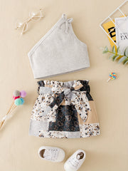 2pcs Baby Girls Cold Shoulder Tops & Flowers Allover Print Skirt
