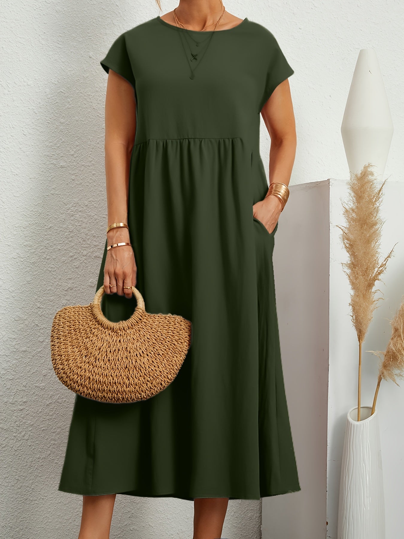 Casual Dress Solid Round Neck Cap Sleeve Midi Dress With Pockets