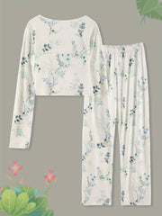 Floral Print Lounge Set Surplice Neck Top & Elastic Waist Pants