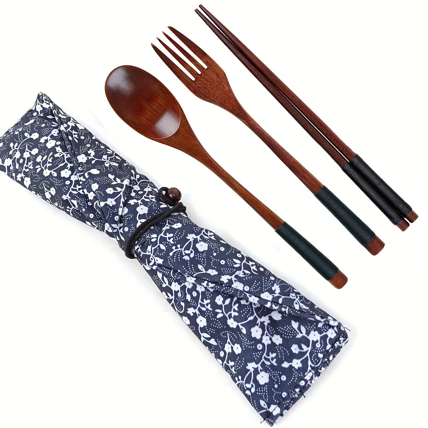 Japanese Style Wooden Flatware Set with Retro Cloth Pouch