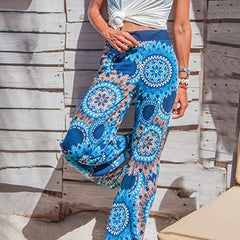 Boho Floral Print Loose Straight Pants Elastic High Waist