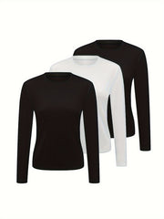 3pcs Solid Thermal Underwear Tops Long Sleeve Crew Neck Women's Lingerie