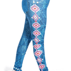 Women's Plus Geometric & Denim Print Skinny Leggings