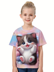 3D Sweet Cat Graphic Short Sleeve T-shirt for Kids