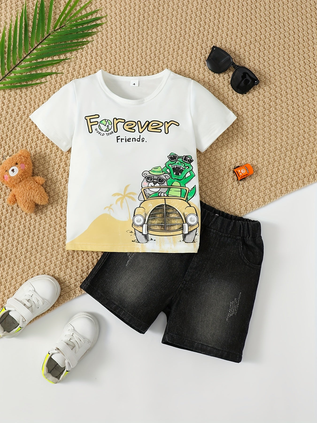 Boys Forever Friends Animal Print T-shirt & Denim Shorts Set for Summer