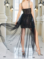 Sequined Cami Dress With Mesh Overskirt Sleeveless Dress