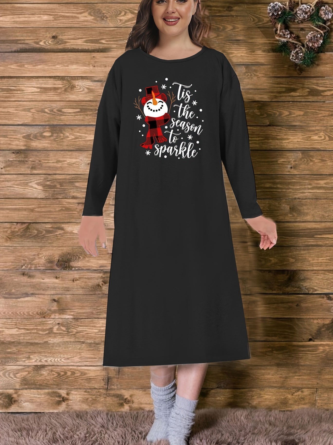 Snowman & Snowflake Print Long Sleeve Tee Nightdress