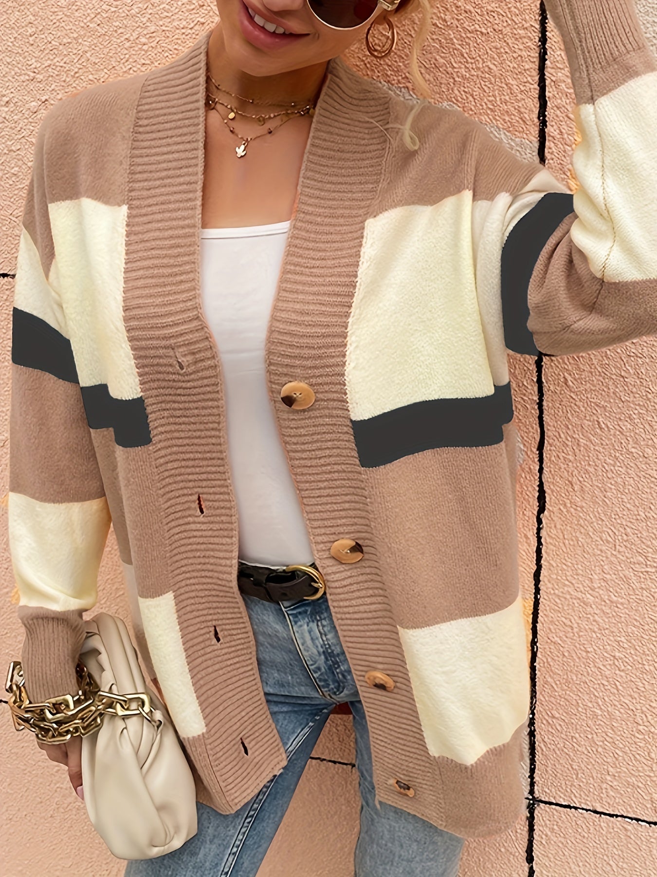Colorblock Knit Cardigan Long Sleeve Stretch Sweater