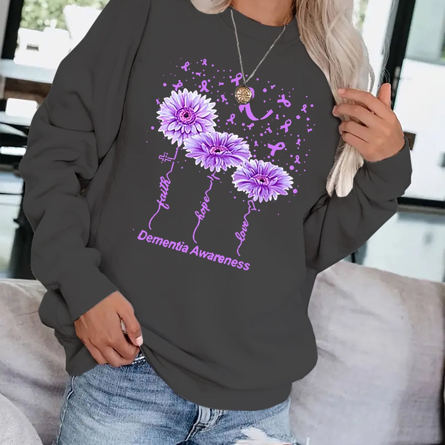 Floral & Letter Print Sweatshirt Crew Neck for Fall & Winter
