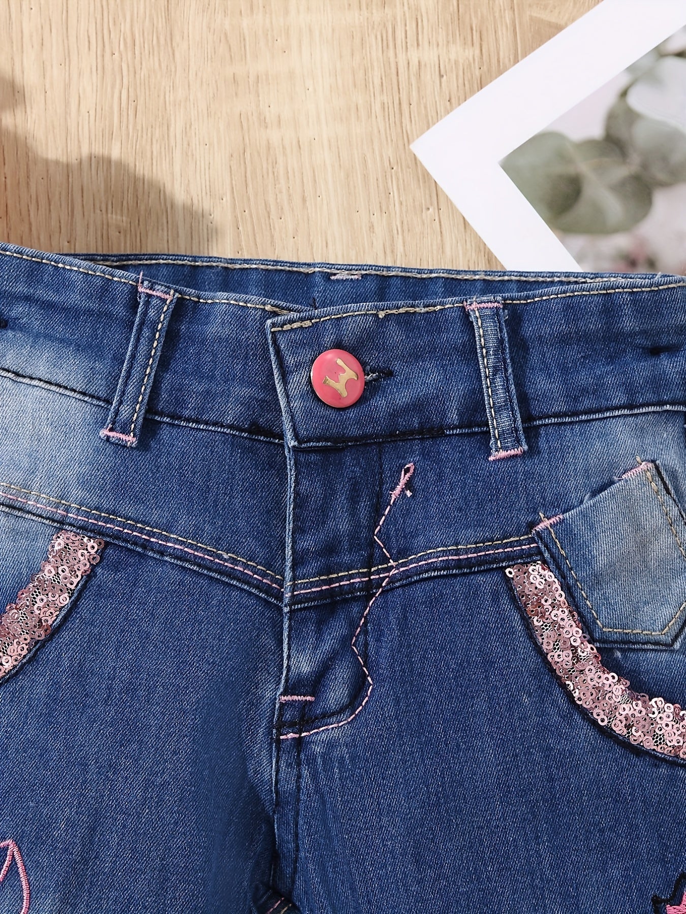Girls' Embroidered Denim Stretch Pants, Cropped Length
