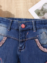 Girls' Embroidered Denim Stretch Pants, Cropped Length