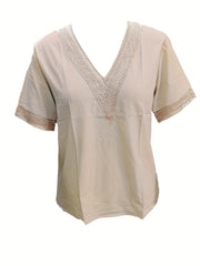 Lace Trim Splicing Blouse V Neck Short Sleeve Comfy Blouse