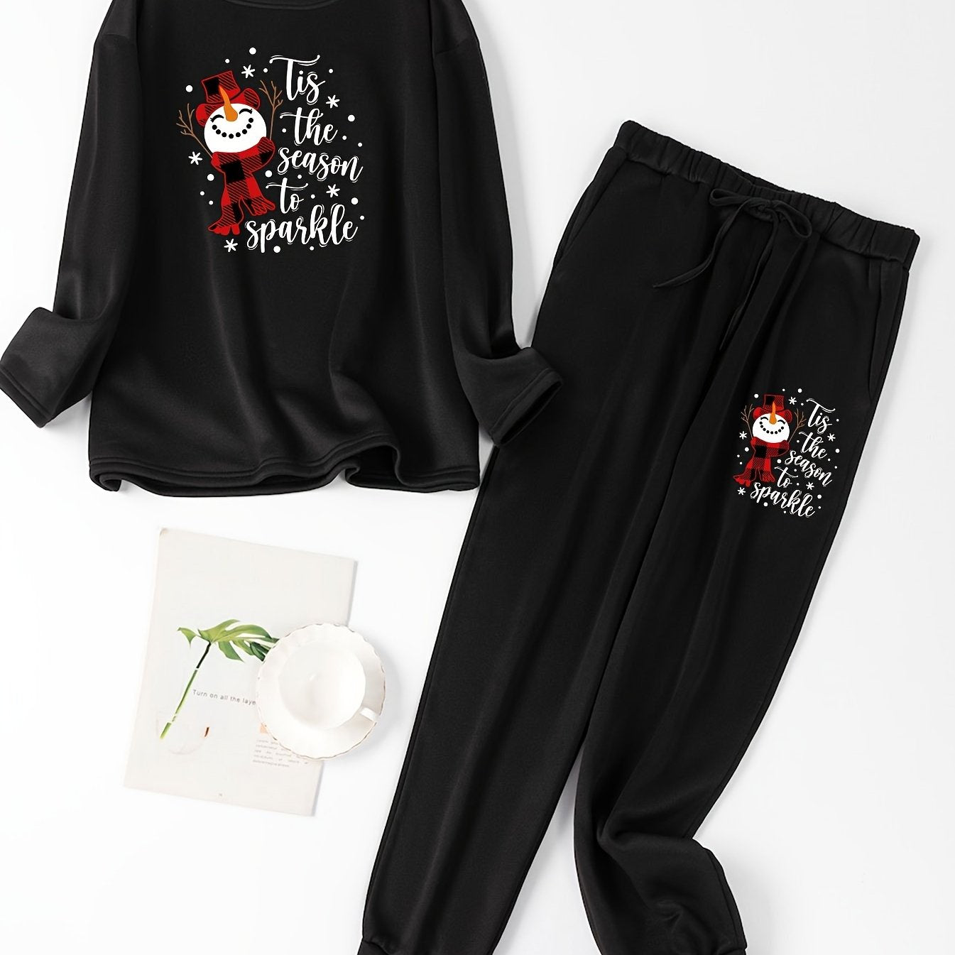 Christmas Lounge Set Women's Snowman Print Tee & Joggers Pajamas