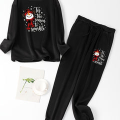 Christmas Lounge Set Women's Snowman Print Tee & Joggers Pajamas