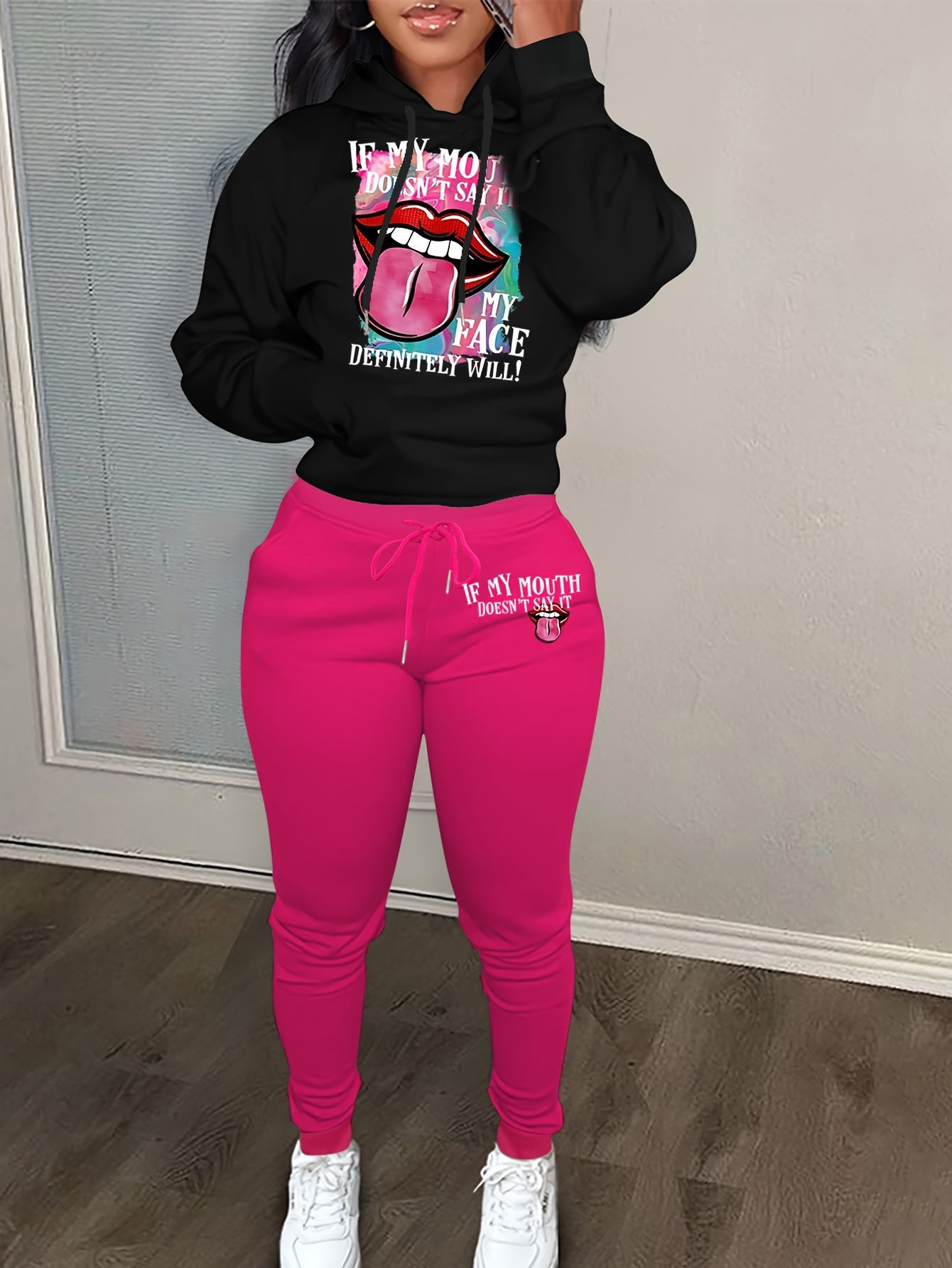 Lip & Slogan Print Hoodie & Joggers 2 Piece Set