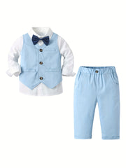 Boys Plaid Gentleman Outfits Long Sleeve Bowtie Shirt&pants&vest Kids Clothing