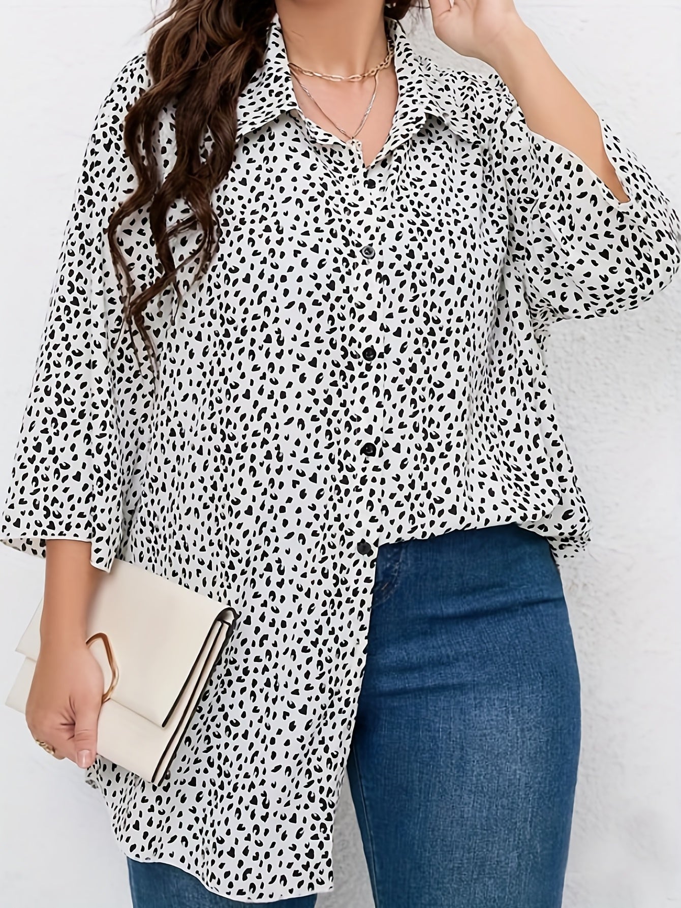 Women's Dalmatian Print Long Sleeve Button Up Loose Fit Blouse