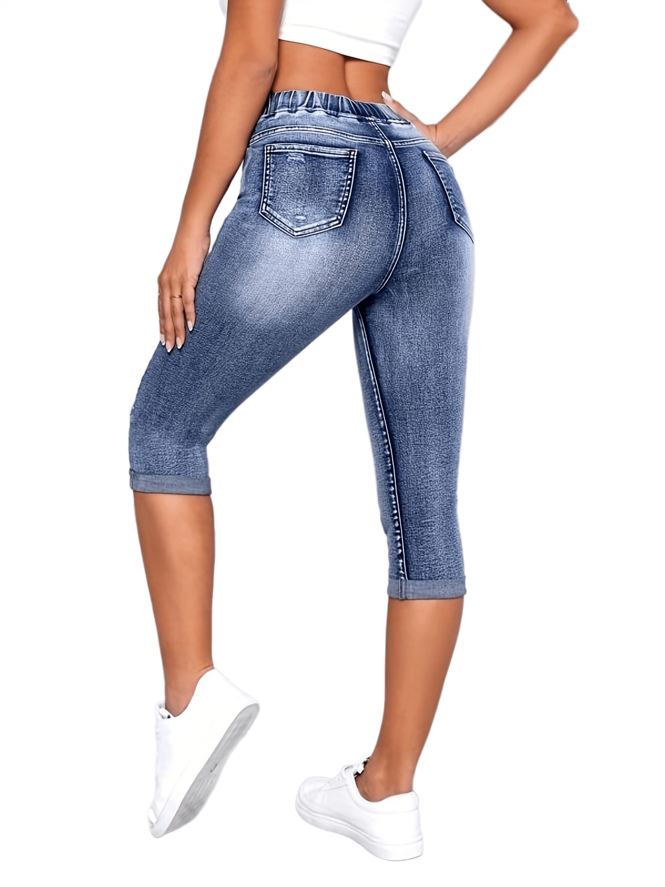 Slim Fit Capris Denim Jeans Drawstring Elastic Waist High Stretch Denim Pants