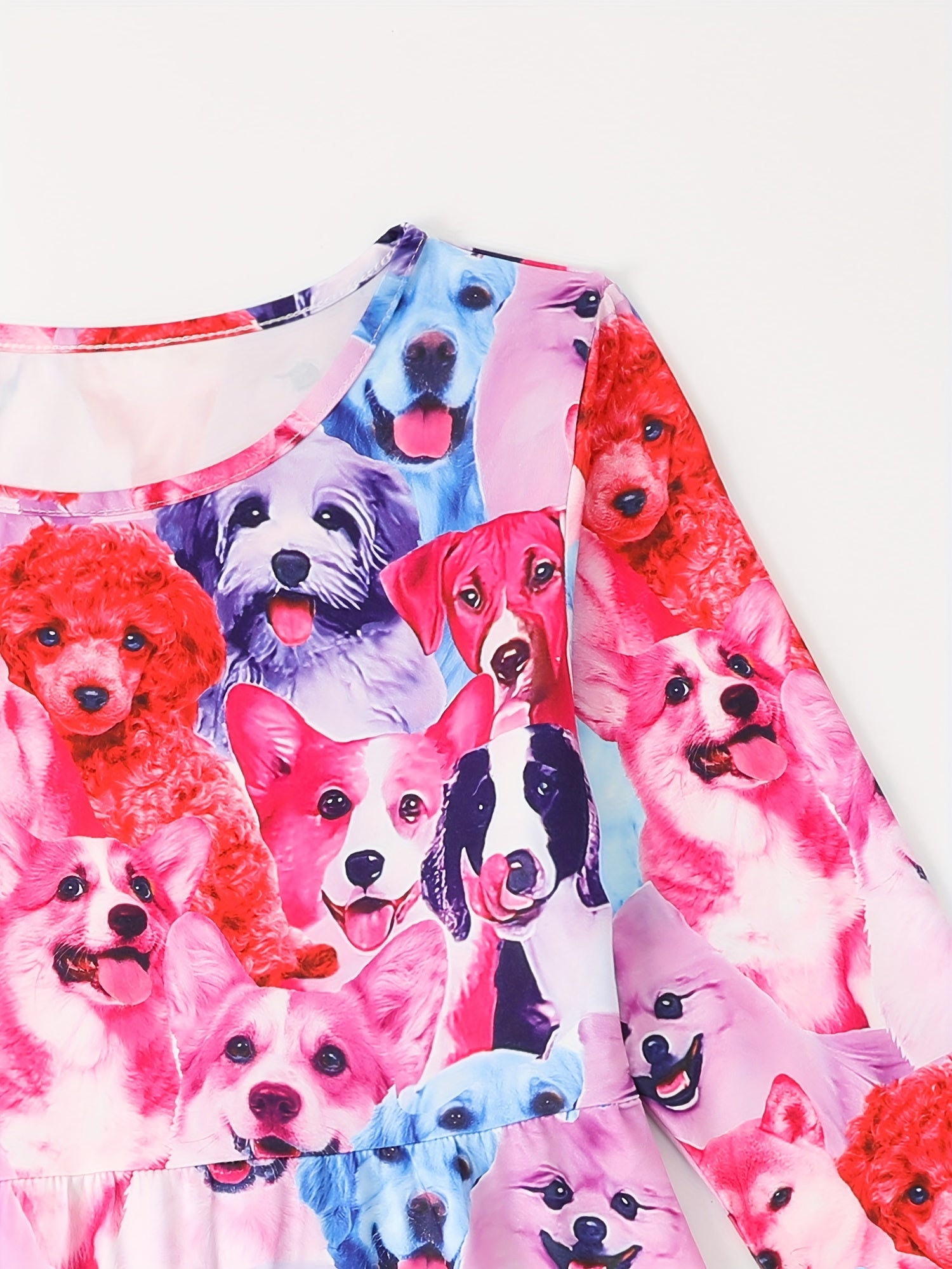 Sweet Puppy Graphic Long Sleeve Crew Neck Dress Girls Comfy Dresses