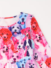 Sweet Puppy Graphic Long Sleeve Crew Neck Dress Girls Comfy Dresses