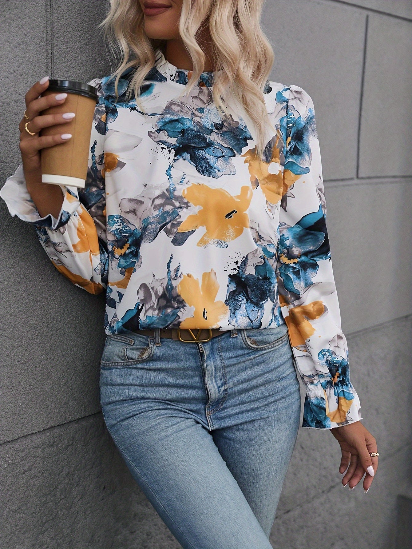 Floral Print Ruffle Trim Plus Size Blouse
