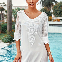 V Neck Kaftan Cover Up Dress Pom Pom Decor Contrast Mesh Half Sleeves