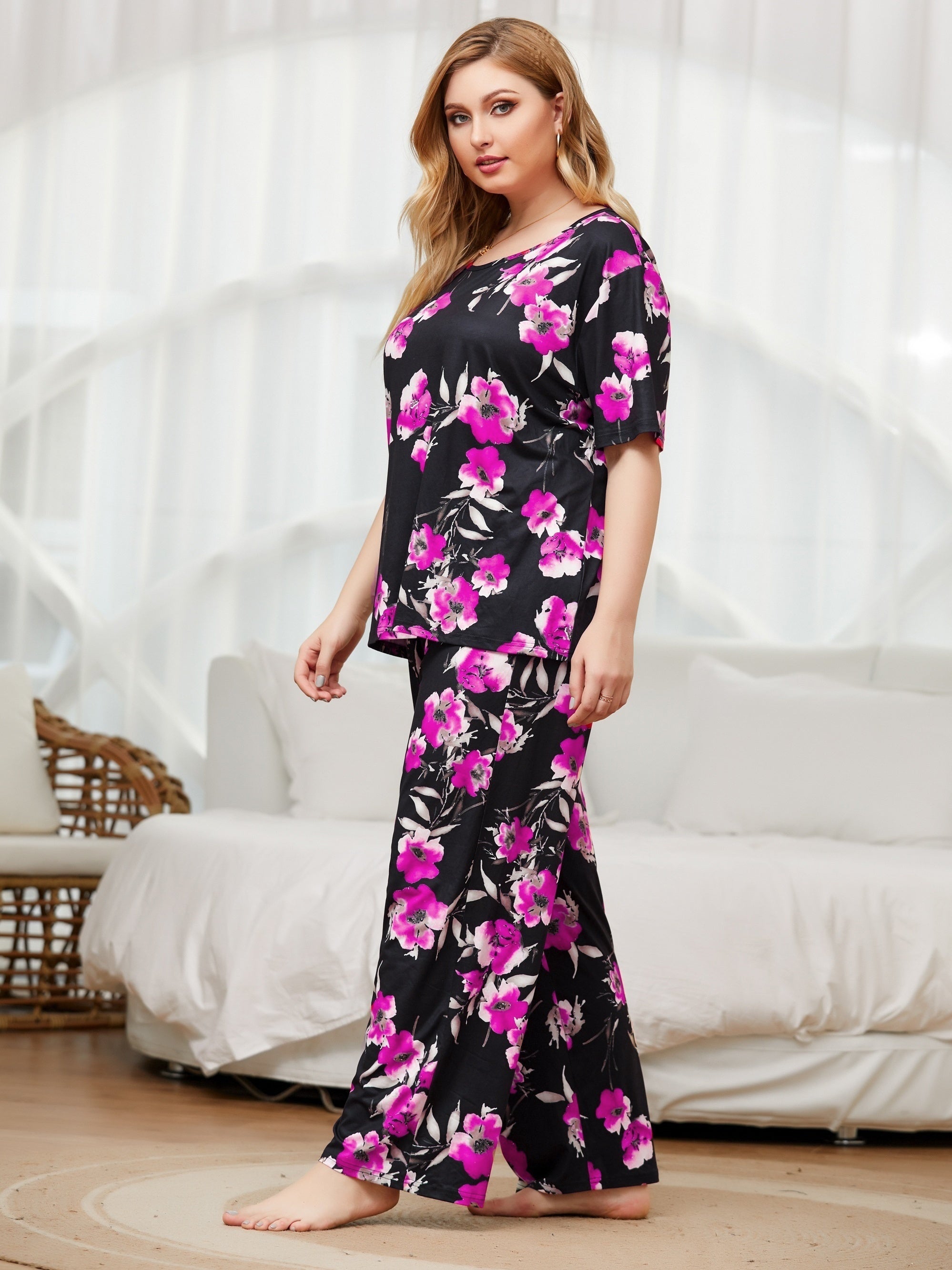 Floral Print Pajama Set Short Sleeve Top & Pants