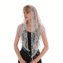 Rose Embroidery Lace Tassel Triangle Scarf Outdoor Windproof Head Wrap
