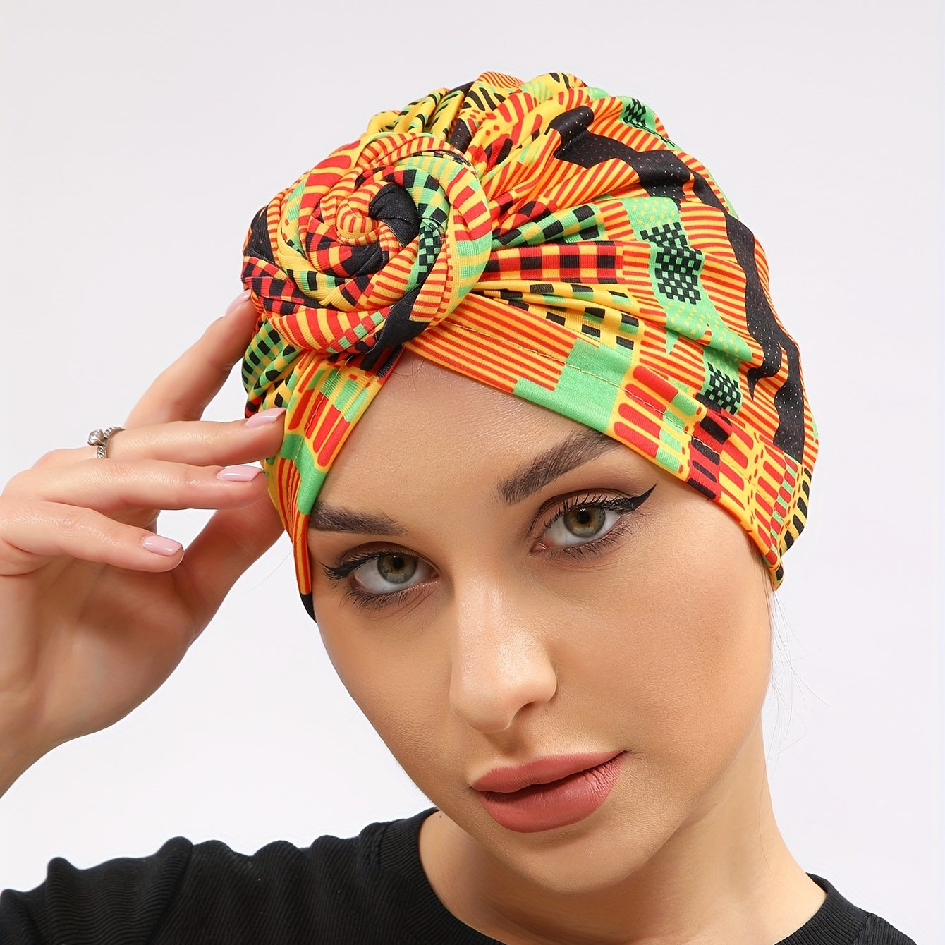 Geometric Plaid Print Turban Colorful Head Scarf Women Casual Ramadan Head Wrap