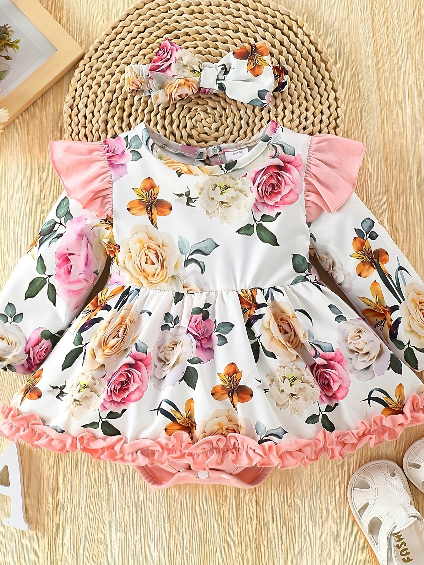 Baby's Floral Print Ruffle Trim Jumpsuit Infant Romper