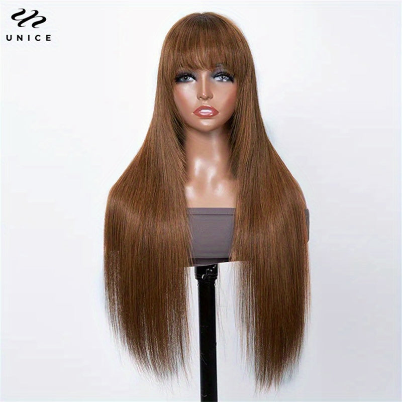 Brown Long Straight Hair Wig with Bangs Glueless Layer Cut Human Hair Wig